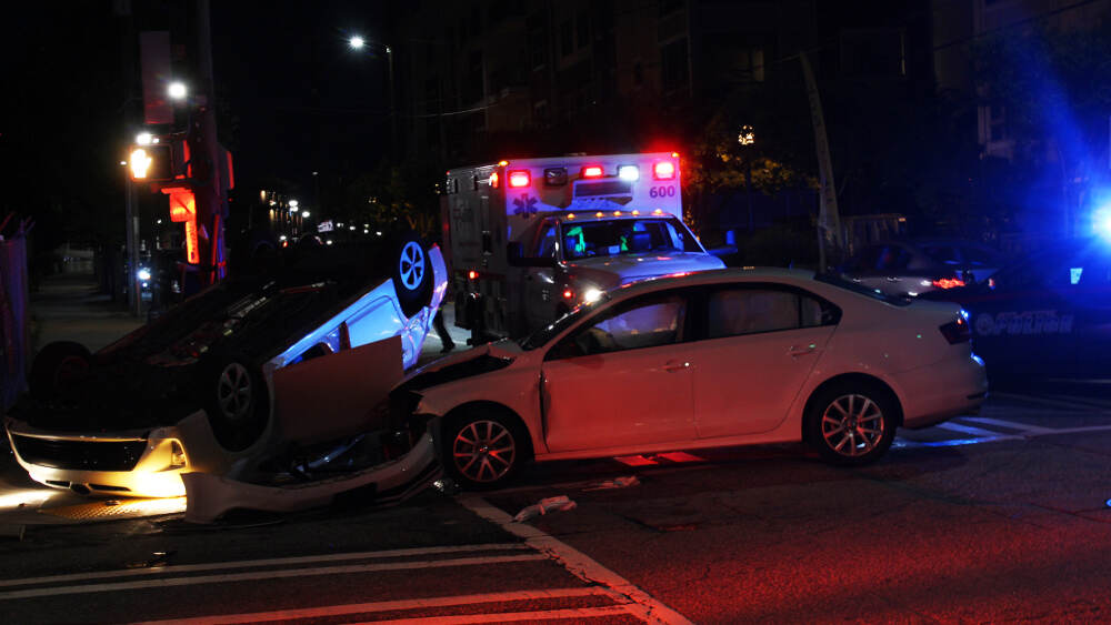 A car accident on a street during the night in Atlanta, Georgia.